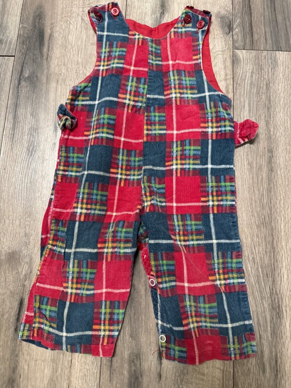Vintage Plaid Corduroy Baby Overalls With Snap Closure Red & Blue 12M